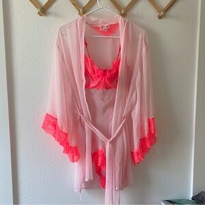 Victoria's Secret Sheer Light Pink Robe with Neon Pink Lace Bra Set
